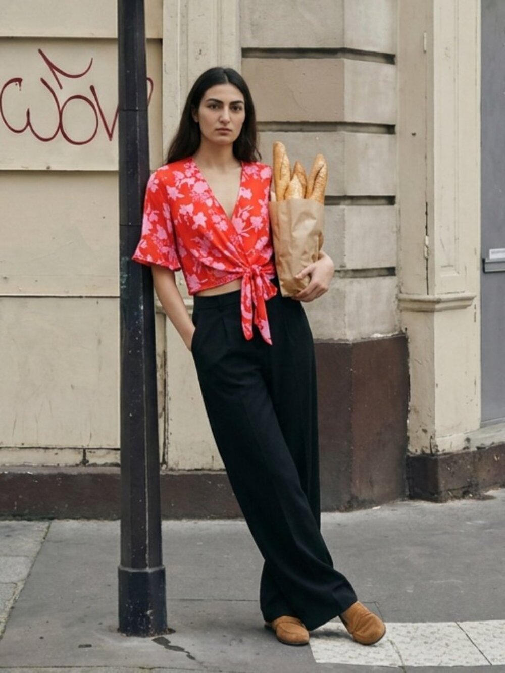 Lush Damaris Wrap Top Cherry Red / Bright Pink Floral Print Deep-V Tie-Front